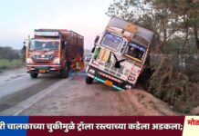 लक्झरी चालकाच्या चुकीमुळे ट्रॉला रस्त्याच्या कडेला अडकला; मोठा अनर्थ टळला