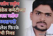 भारतीय राष्ट्रीय काँग्रेस कमेटीच्या यावल ब्लॉक अध्यक्षपदी निलेश फिरके यांची निवड