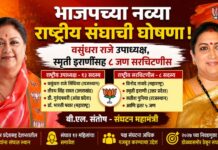 भाजपच्या नव्या राष्ट्रीय संघाची घोषणा ; वसुंधरा राजे उपाध्यक्ष, स्मृती इराणींसह ८ जण सरचिटणीस