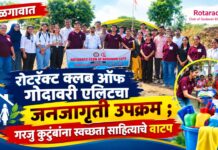 जळगावात रोटरॅक्ट क्लब ऑफ गोदावरी एलिटचा जनजागृती उपक्रम ; गरजू कुटुंबांना स्वच्छता साहित्याचे वाटप